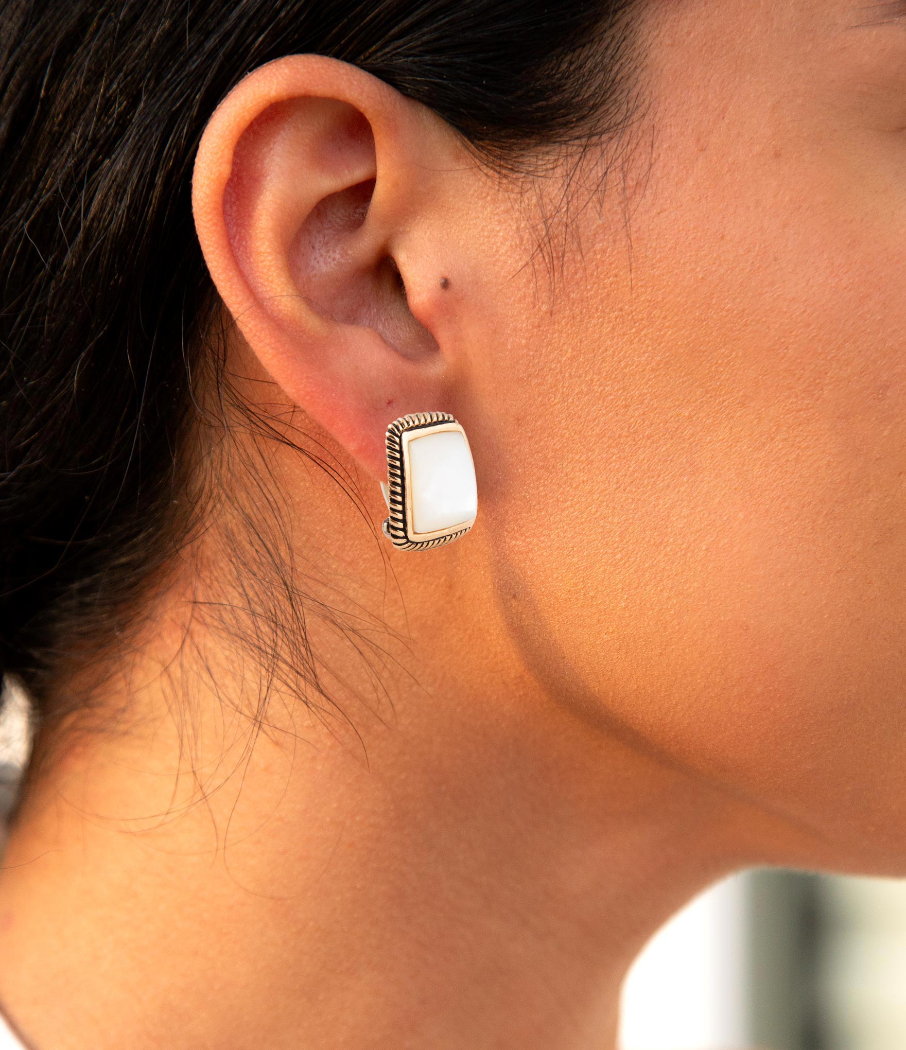 Roped Mother of Pearl Golden Clip Earrings detail view by Barse Jewelry