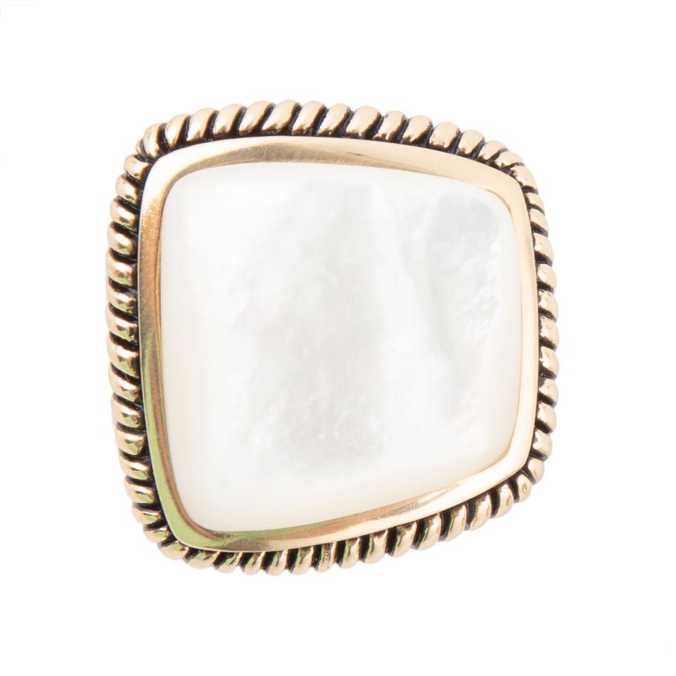Roped White Mother of Pearl and Golden Statement Ring detail view by Barse Jewelry