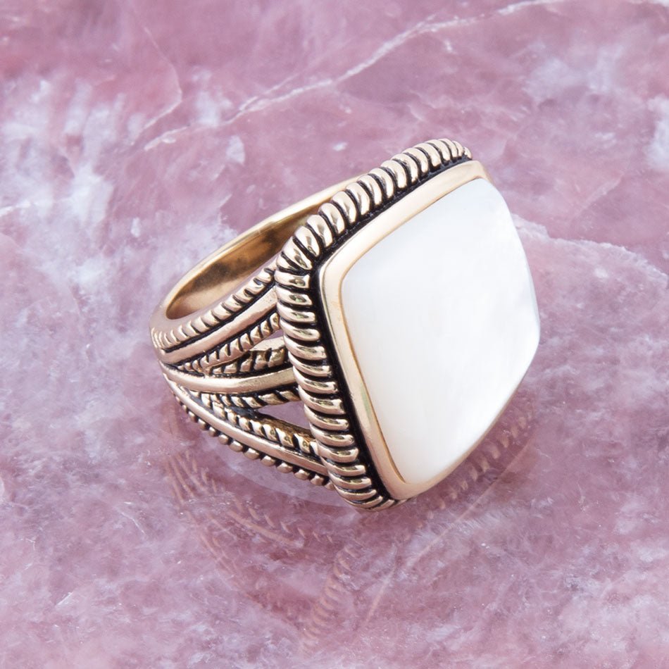 Roped White Mother of Pearl and Golden Statement Ring detail view by Barse Jewelry