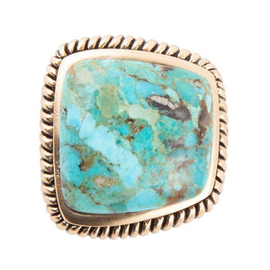 Roped Square Blue Turquoise Golden Statement Ring detail view by Barse Jewelry