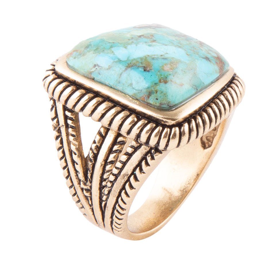 Roped Square Blue Turquoise Golden Statement Ring by Barse Jewelry