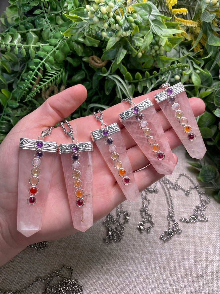 Rose Quartz and Chakra Crystal Necklace by Copper Ashes