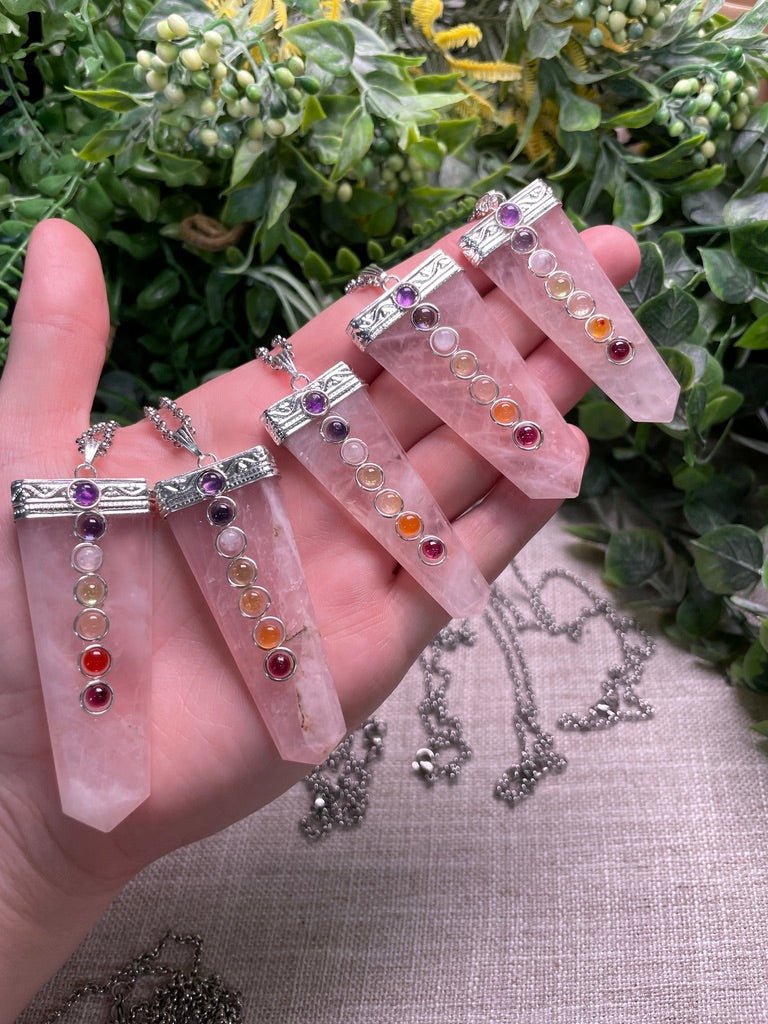 Rose Quartz and Chakra Crystal Necklace detail view by Copper Ashes