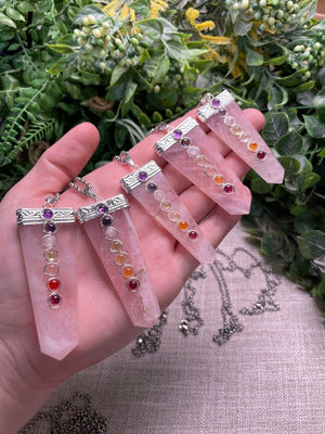 Rose Quartz and Chakra Crystal Necklace detail view by Copper Ashes
