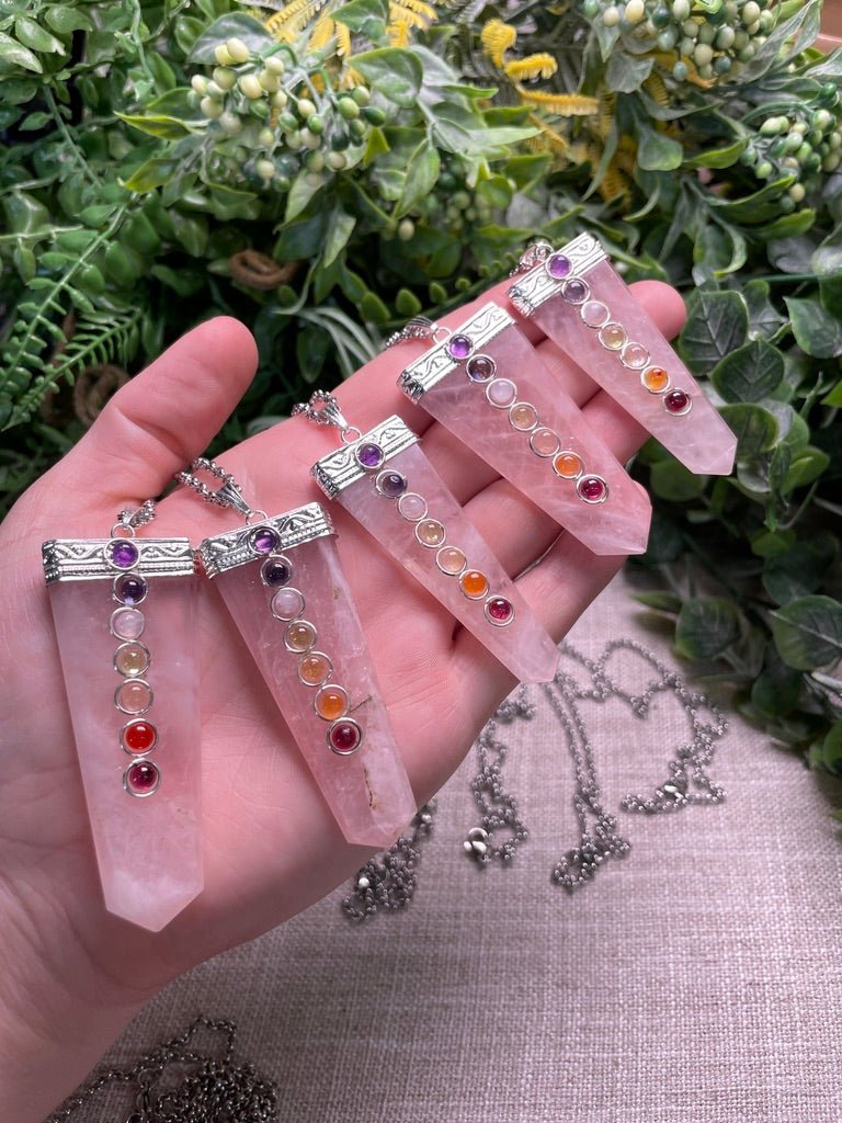 Rose Quartz and Chakra Crystal Necklace detail view by Copper Ashes