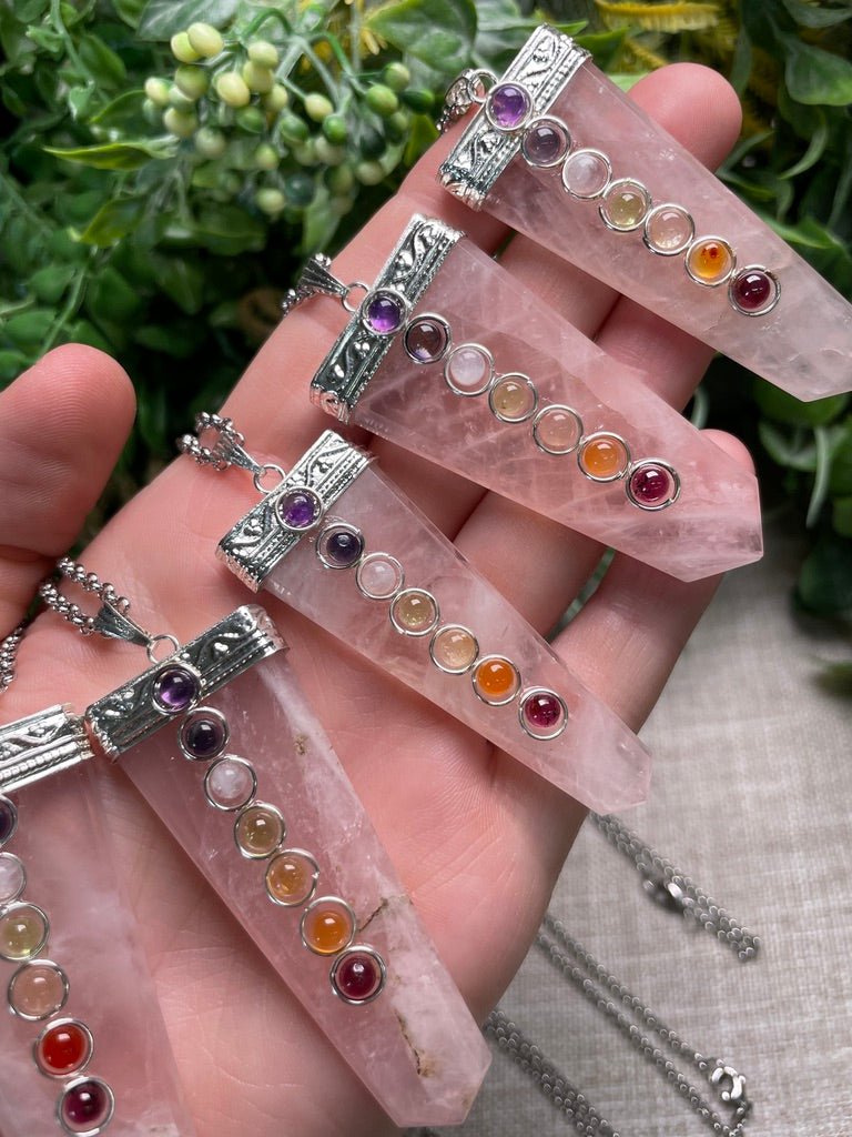 Rose Quartz and Chakra Crystal Necklace detail view by Copper Ashes