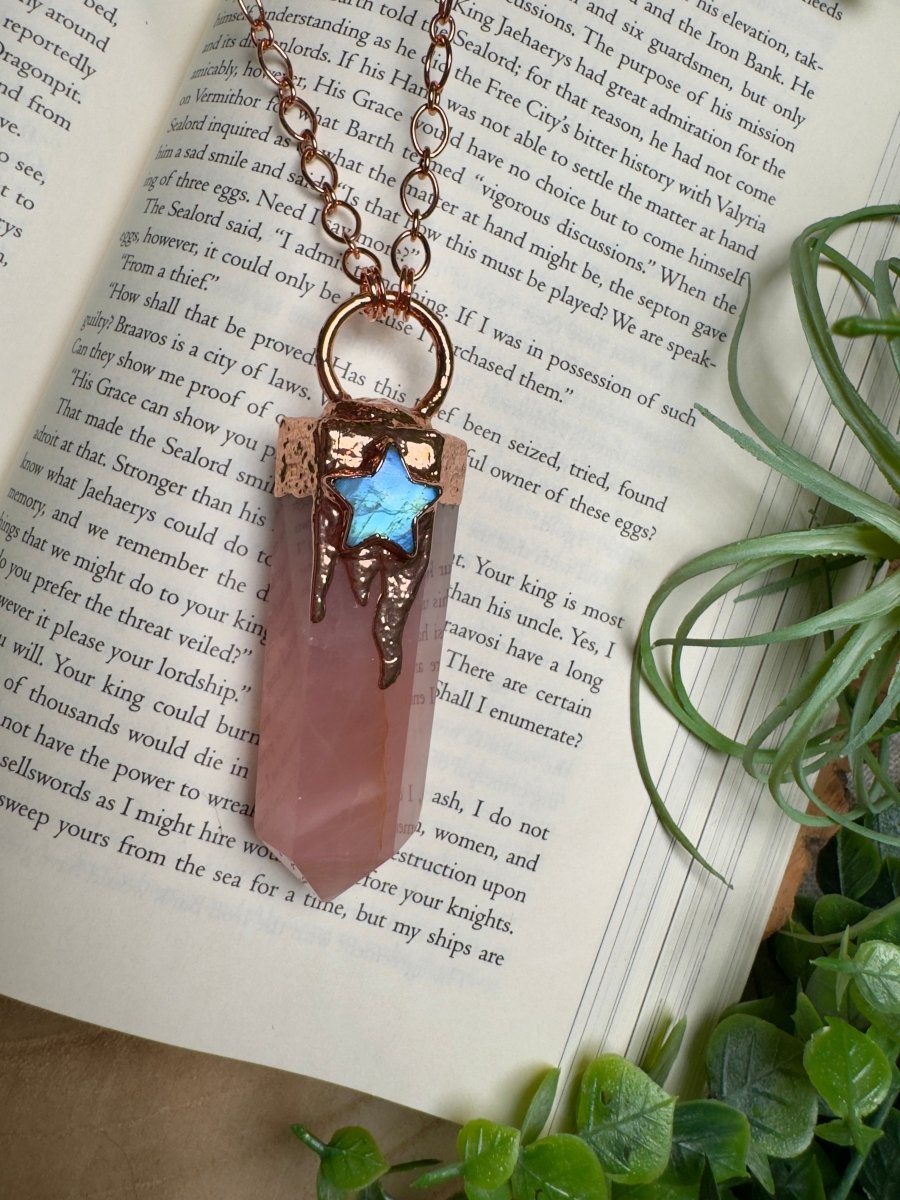 Rose Quartz Tower and Moonstone Star Statement Necklace detail view by Copper Ashes