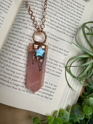 Rose Quartz Tower and Moonstone Star Statement Necklace detail view by Copper Ashes