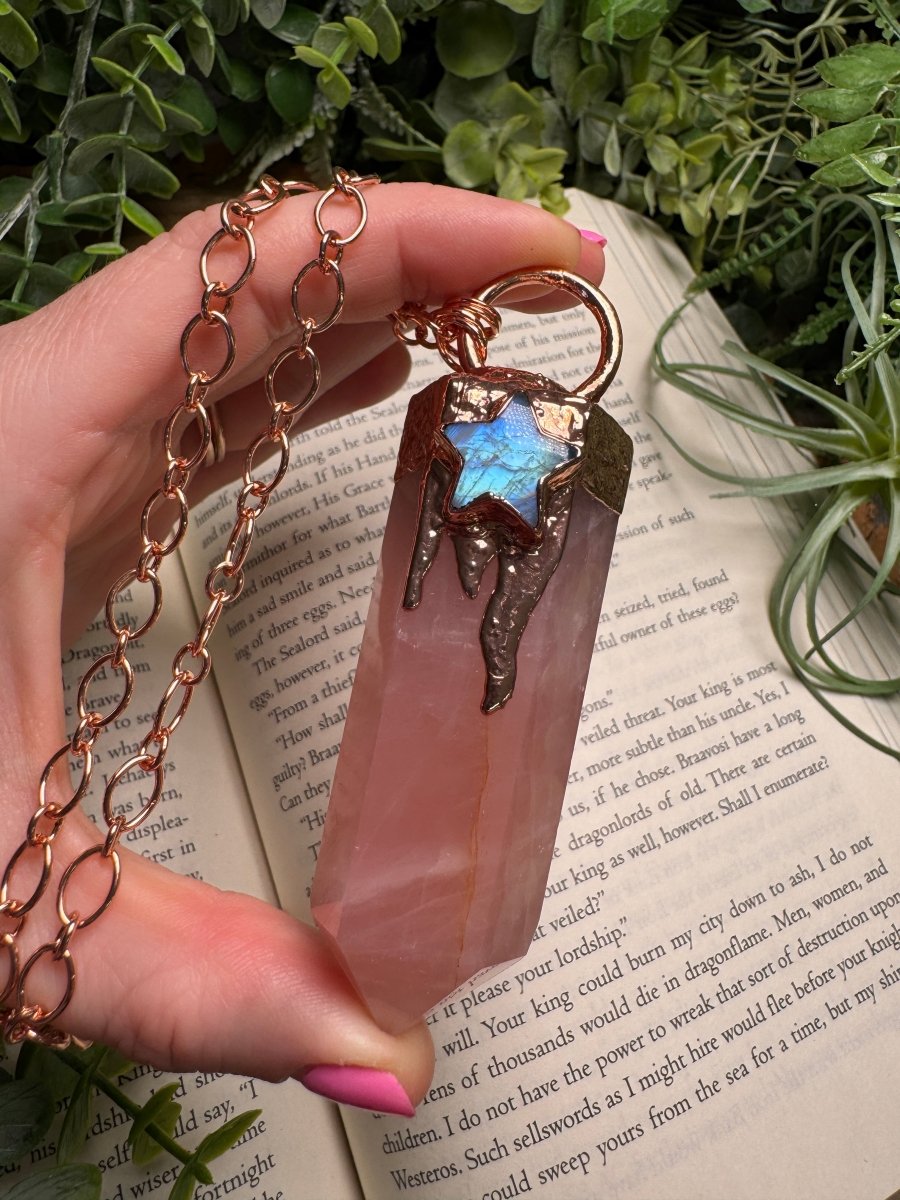 Rose Quartz Tower and Moonstone Star Statement Necklace by Copper Ashes
