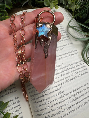 Rose Quartz Tower and Moonstone Star Statement Necklace detail view by Copper Ashes