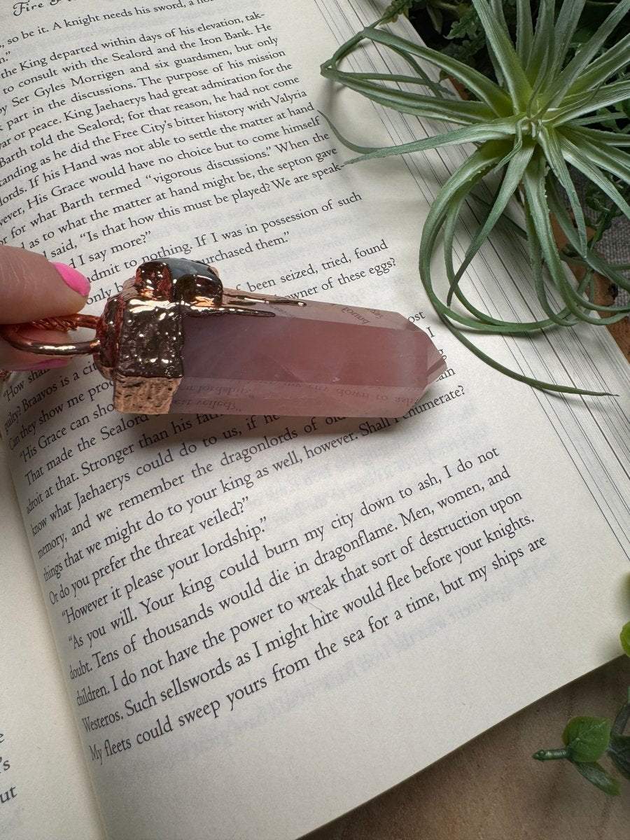 Rose Quartz Tower and Moonstone Star Statement Necklace detail view by Copper Ashes