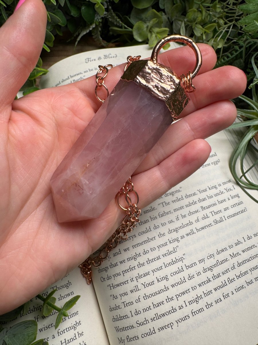 Rose Quartz Tower and Moonstone Star Statement Necklace detail view by Copper Ashes