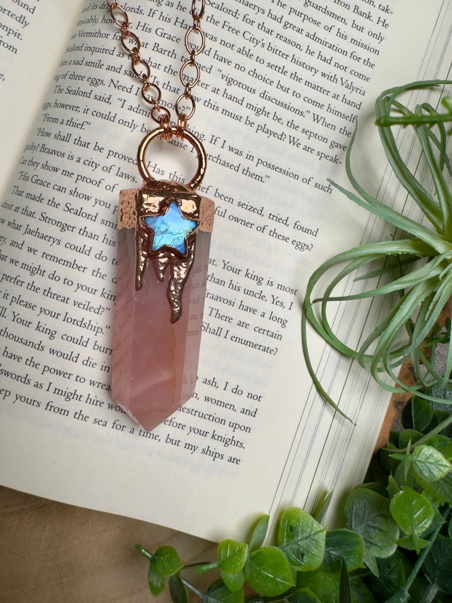 Rose Quartz Tower and Moonstone Star Statement Necklace detail view by Copper Ashes