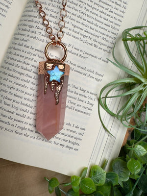 Rose Quartz Tower and Moonstone Star Statement Necklace detail view by Copper Ashes