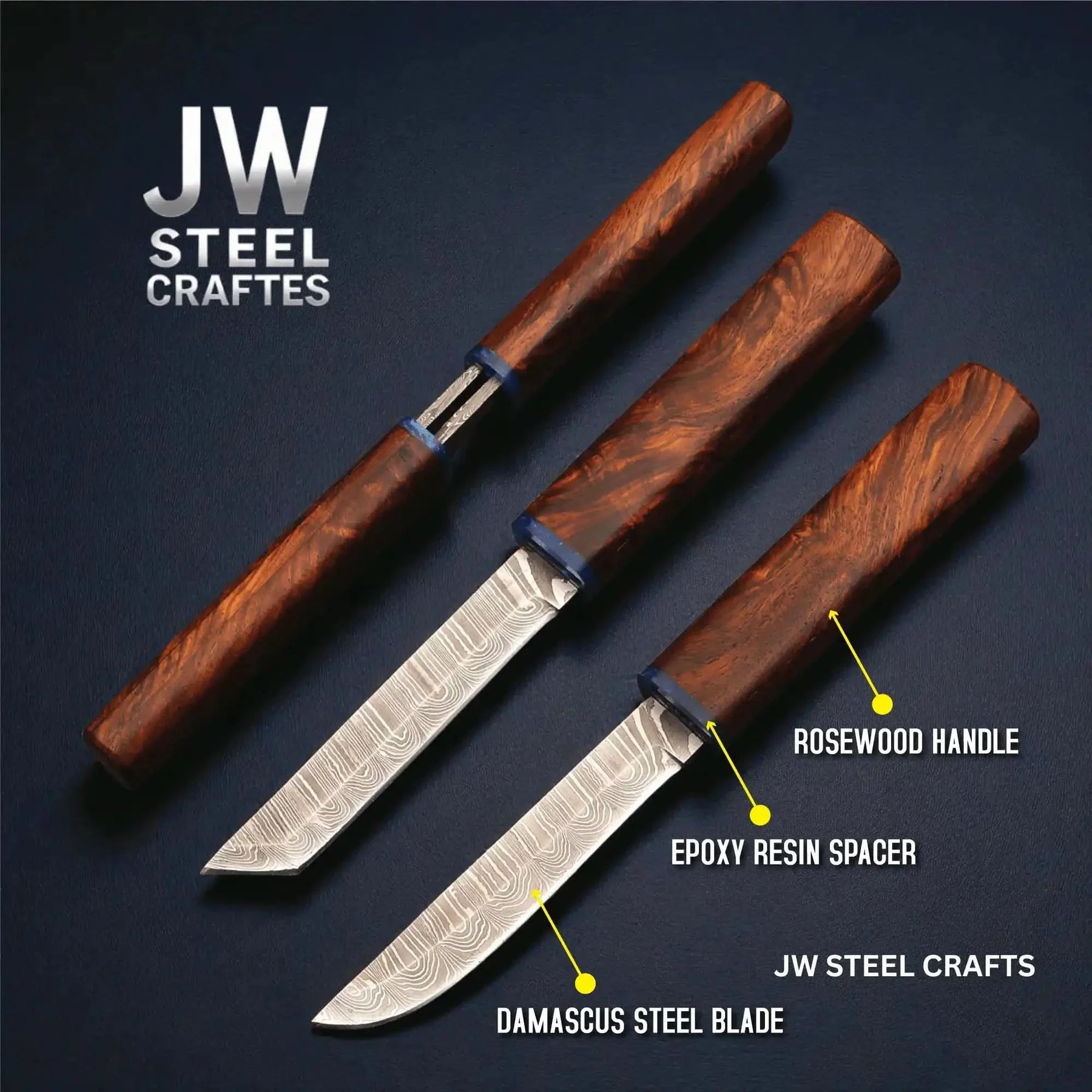 Damascus Utility Knife — 5-Inch Blade, Natural Rosewood Handle, Blue Epoxy Resin Spacer and Interlocking Wood Scabbard by JW SteelCrafts, Damascus knife main product photo