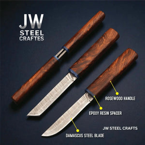 Damascus Utility Knife — 5-Inch Blade, Natural Rosewood Handle, Blue Epoxy Resin Spacer and Interlocking Wood Scabbard by JW SteelCrafts, Damascus knife main product photo