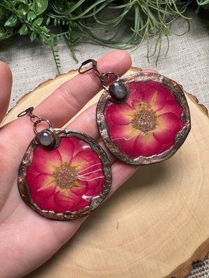 Rosie- Rose Quartz and Flower Earrings detail view by Copper Ashes
