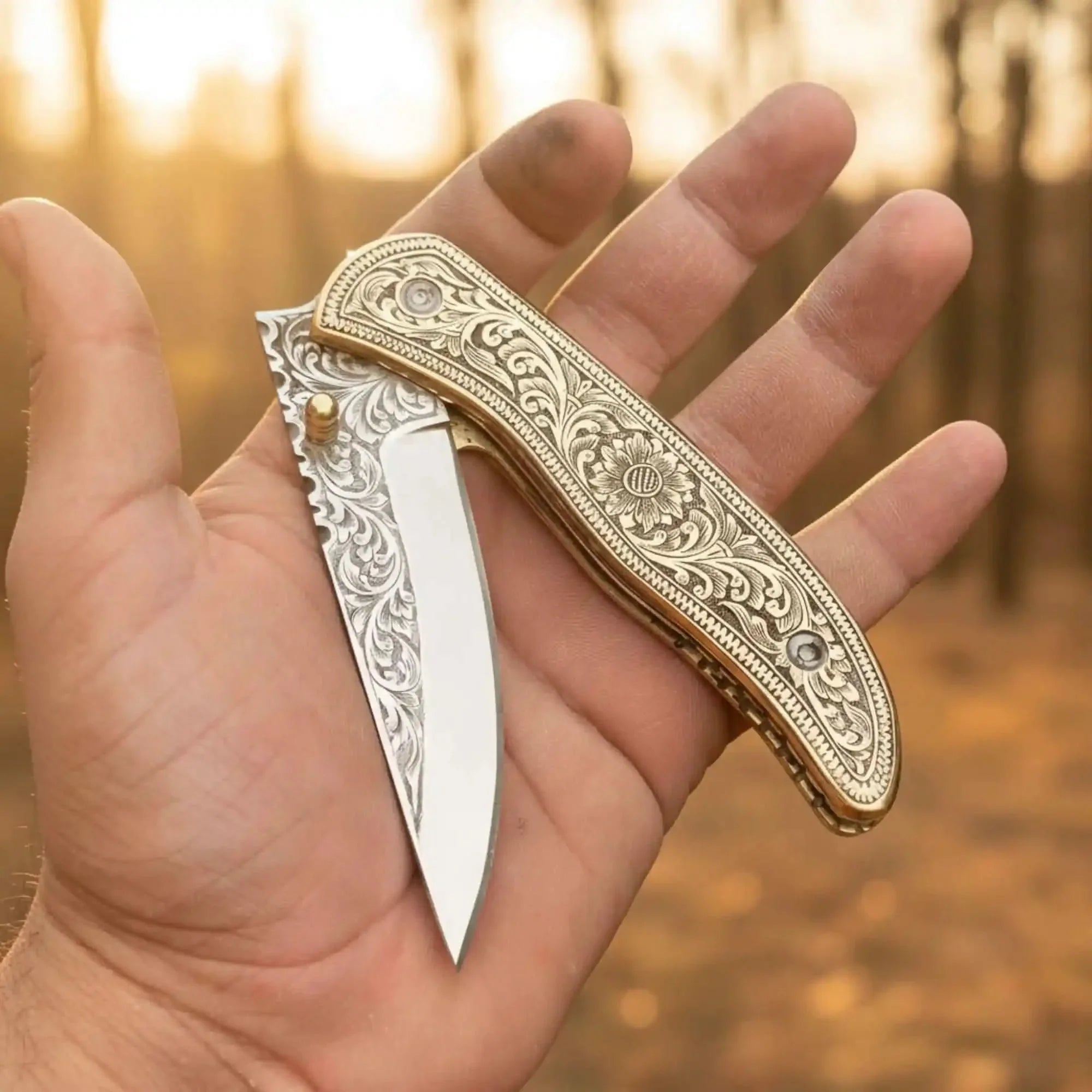 Handmade Engraved Brass Handle Folding Knife for EDC by JW SteelCrafts, Damascus knife main product photo
