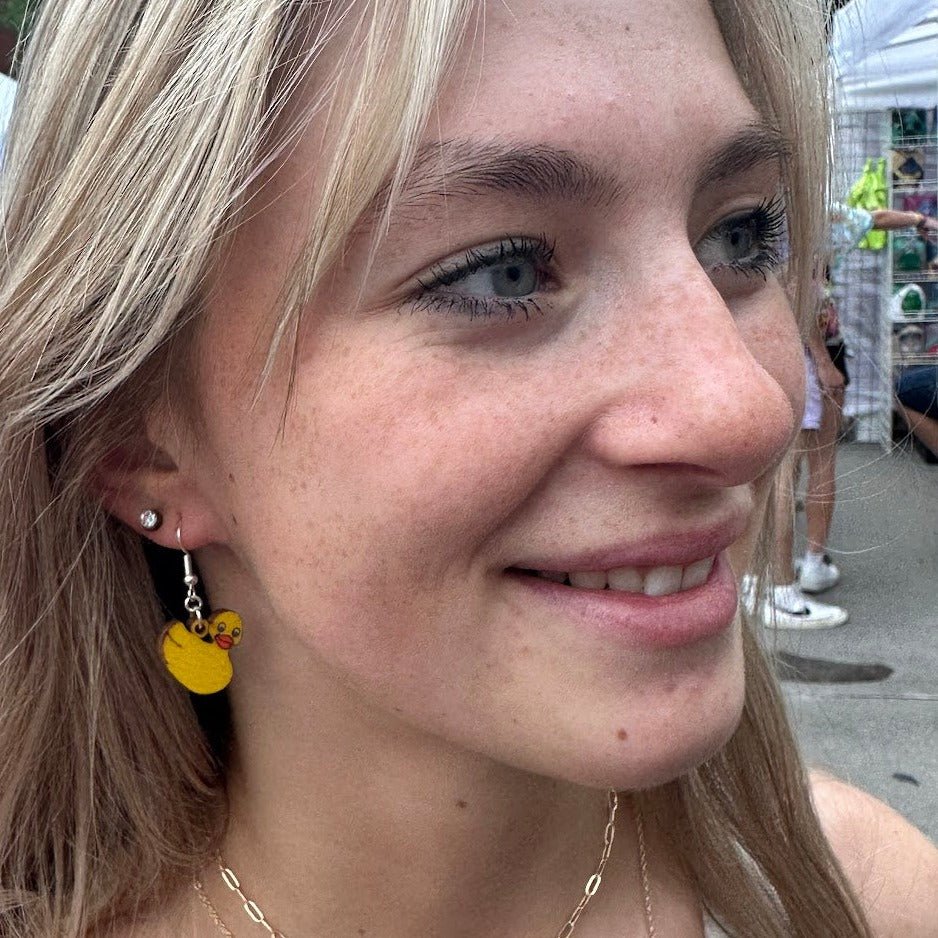 Rubber Duck Wooden Dangle Earrings | Cute Bath Toy Jewelry detail view by Cate's Concepts, LLC