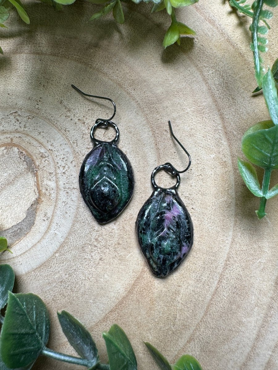 Ruby Zoisite Yoni Earrings detail view by Copper Ashes