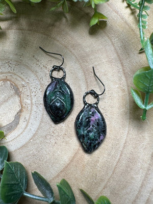 Ruby Zoisite Yoni Earrings detail view by Copper Ashes