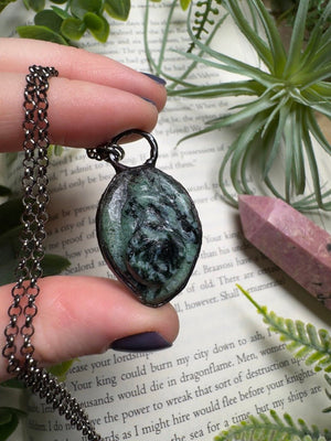 Ruby Zoisite Yoni Necklace detail view by Copper Ashes
