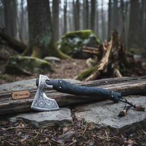 Handmade Viking Axe with High Carbon Steel Blade, Custom Engraving and Leather Sheath by JW SteelCrafts, leather knife sheath detail photo 3