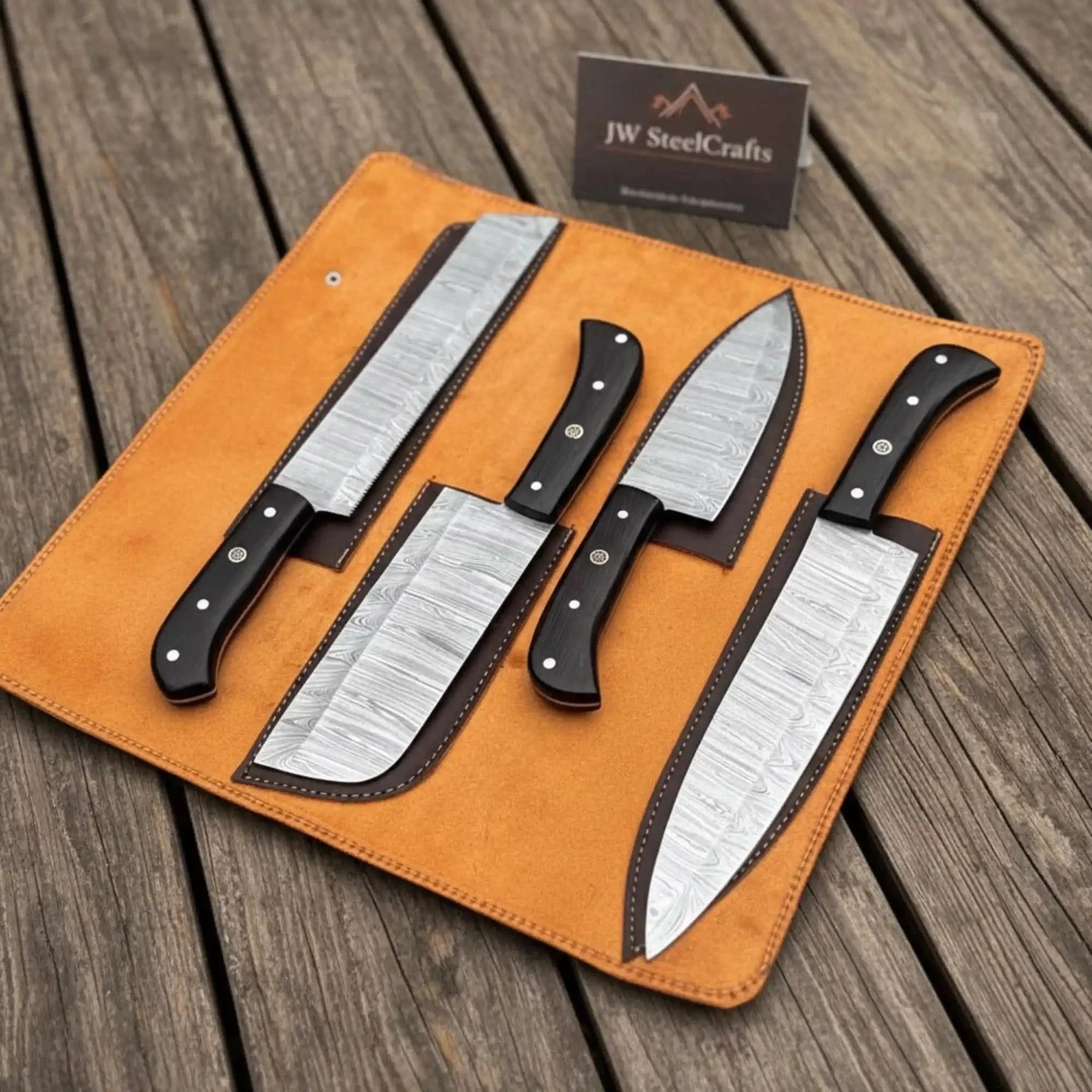 4-Piece Damascus Steel Kitchen Knife Set — Chef, Santoku, Cleaver & Utility by JW SteelCrafts, Damascus knife detail photo 3