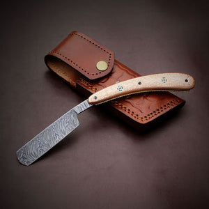 Handmade Damascus Steel Straight Folding Razor — Engrave Brass Handle