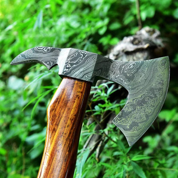 Damascus Steel Tomahawk Axe | Rose Wood Handle | 21" Overall