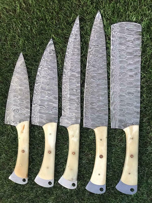 Damascus Chef Knife Set | 5-Piece | Damascus Steel Blades | Camel Bone Handles | Leather Rolling Kit