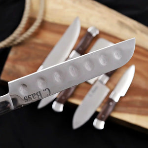 6-Piece High Carbon Steel Kitchen Knife Set with Leather Roll — Olive Wood Handles, Steel Bolsters, 7 to 12 Inc by JW SteelCrafts, Damascus knife detail photo 6