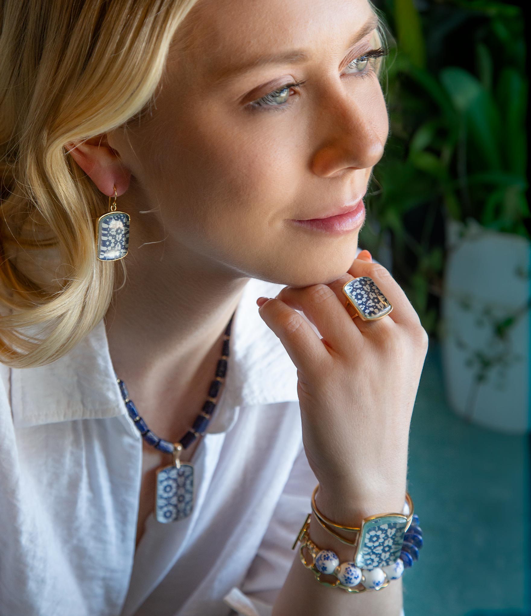 Santorini Cobalt Blue and White Golden Ring detail view by Barse Jewelry