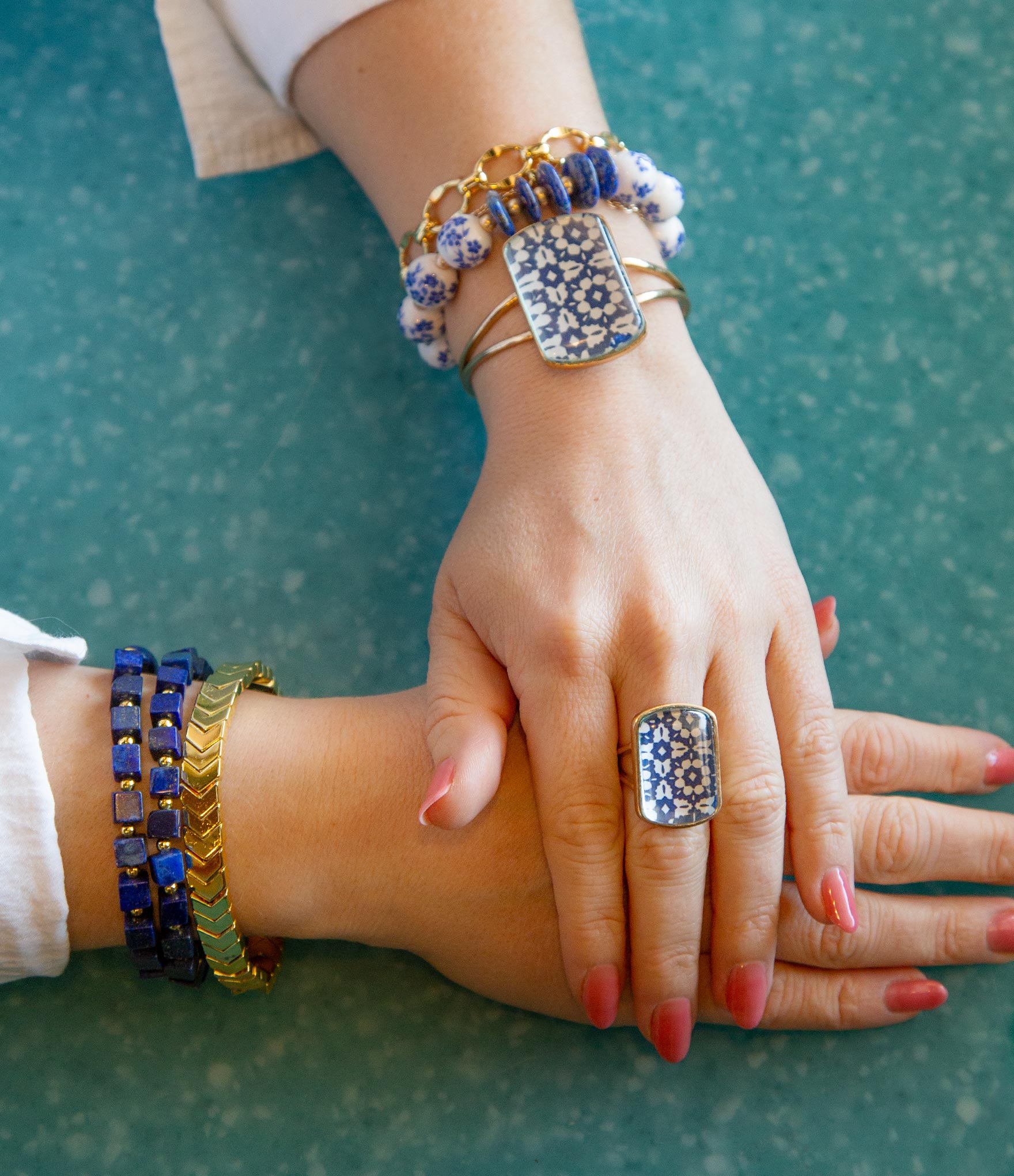 Santorini Cobalt Blue and White Golden Ring detail view by Barse Jewelry