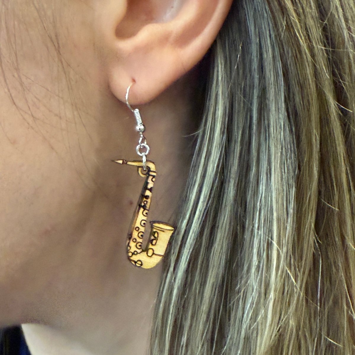 Saxophone Wooden Dangle Earrings | Band Instrument Jewelry by Cate's Concepts, LLC, handmade jewelry detail photo 3