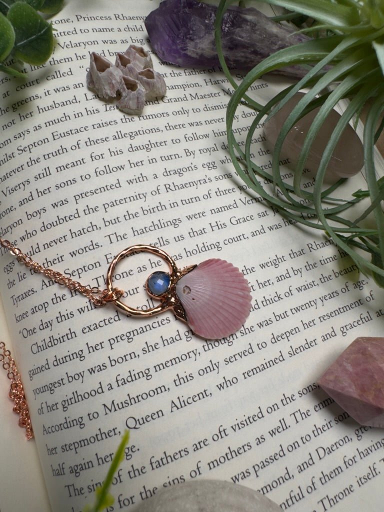 Scallop Shell and Moonstone Necklace detail view by Copper Ashes