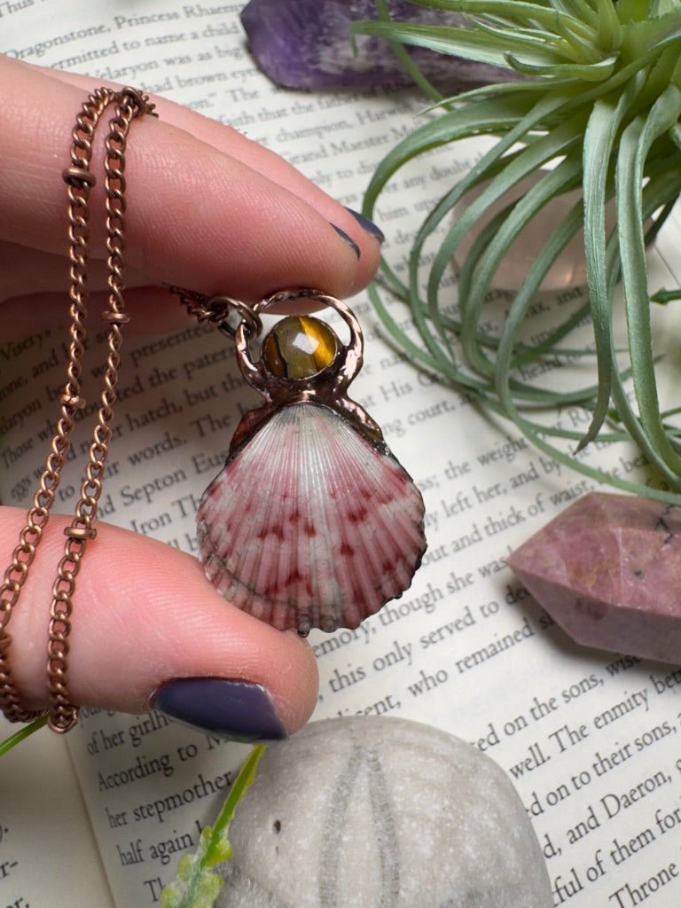 Scallop Shell and Tigers Eye Necklace by Copper Ashes
