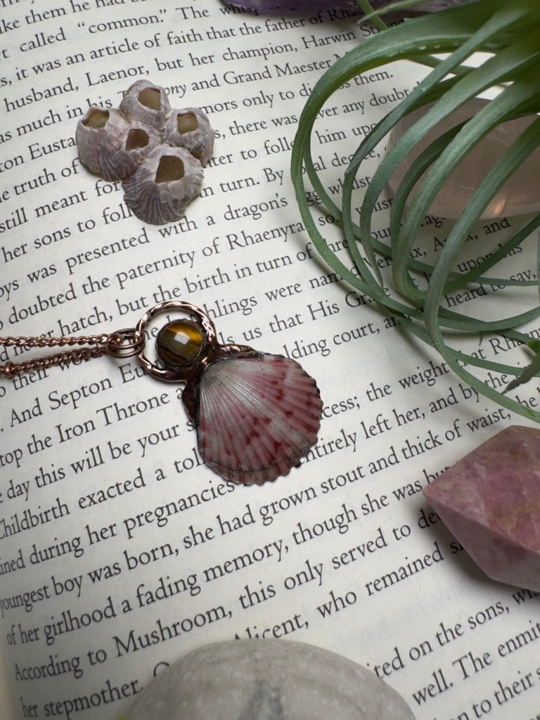 Scallop Shell and Tigers Eye Necklace detail view by Copper Ashes