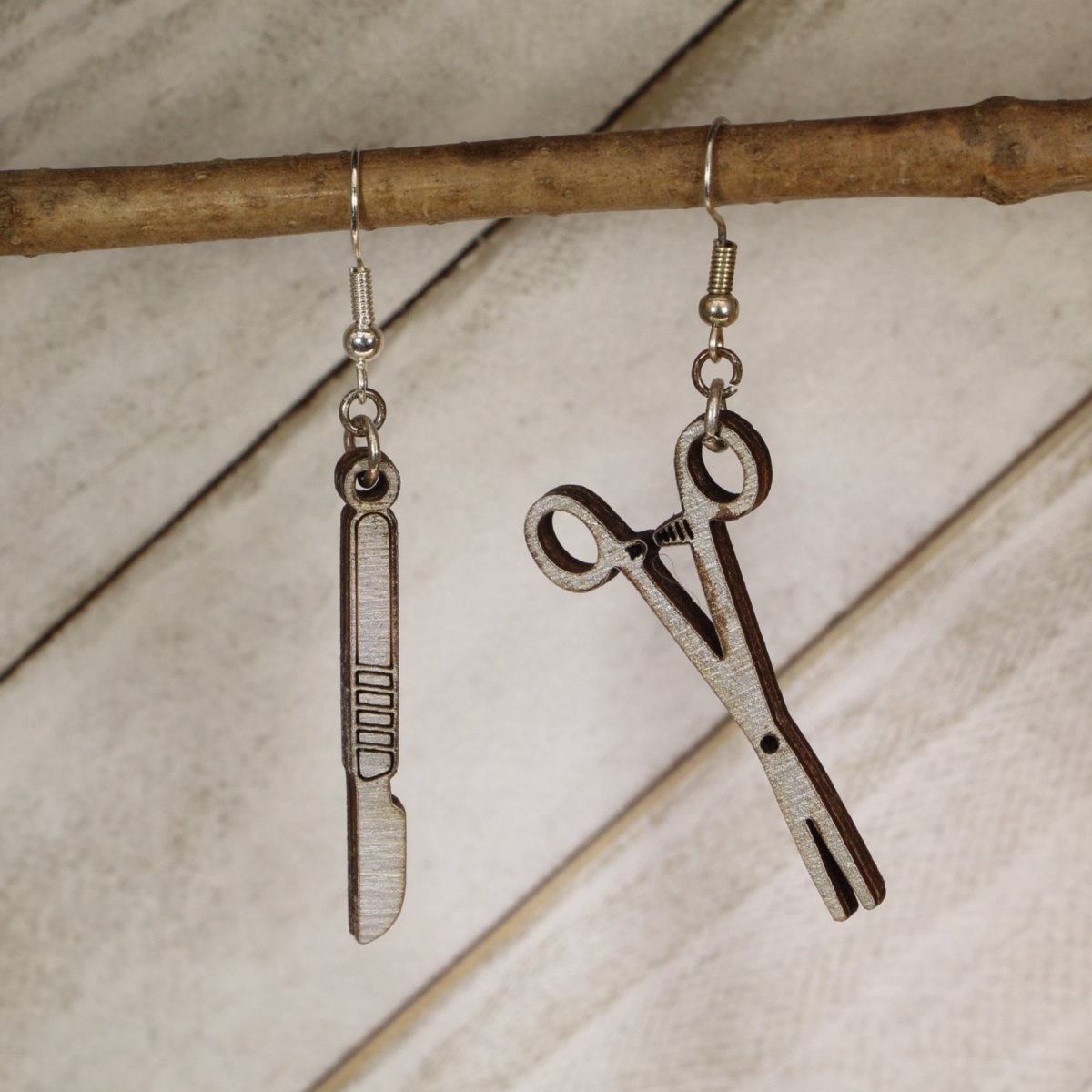 Scalpel and Forceps Wooden Earrings | Medical Surgical Jewelry by Cate's Concepts, LLC