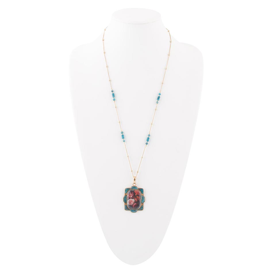 Scenic Red Florals Blue Apatite Golden Pendant Necklace detail view by Barse Jewelry