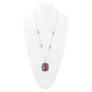 Scenic Red Florals Blue Apatite Golden Pendant Necklace detail view by Barse Jewelry