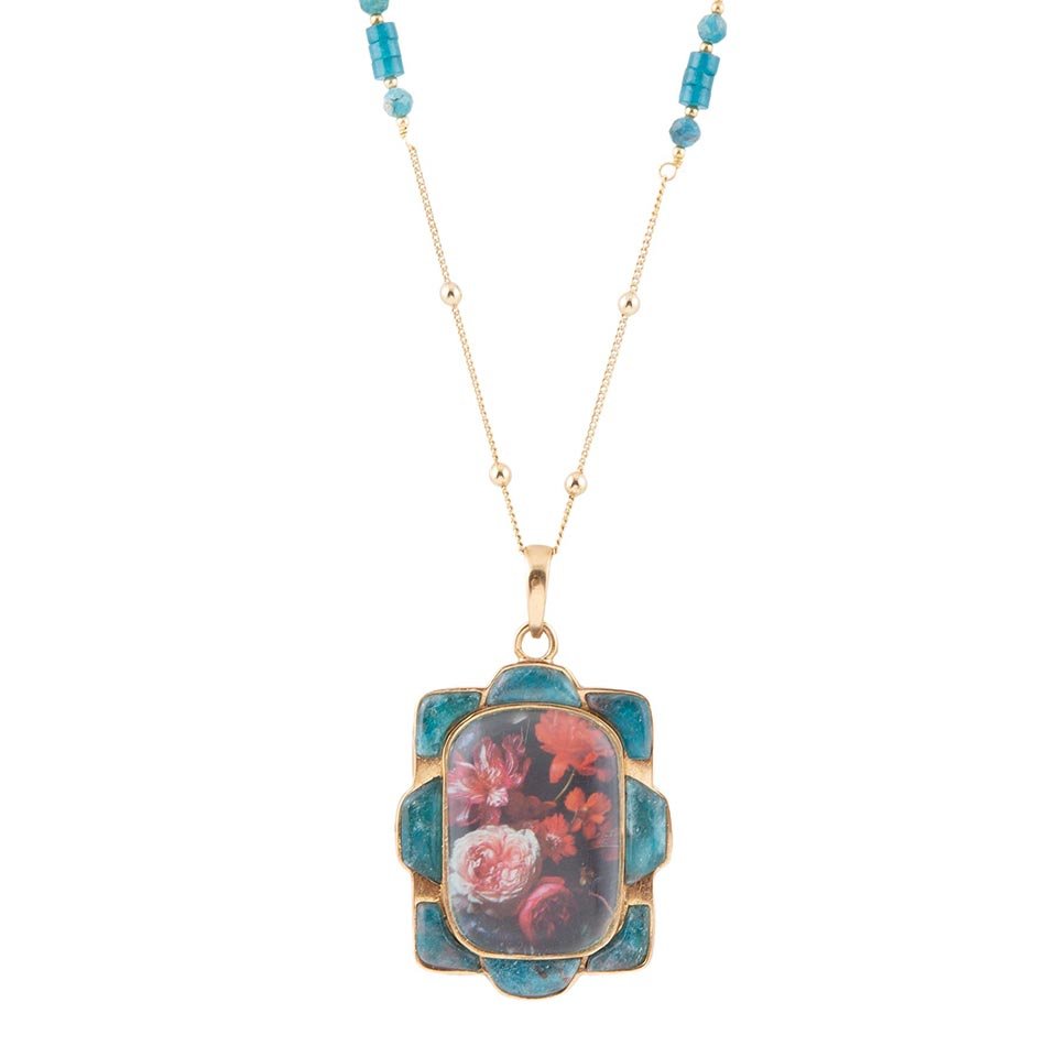 Scenic Red Florals Blue Apatite Golden Pendant Necklace by Barse Jewelry