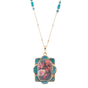 Scenic Red Florals Blue Apatite Golden Pendant Necklace by Barse Jewelry
