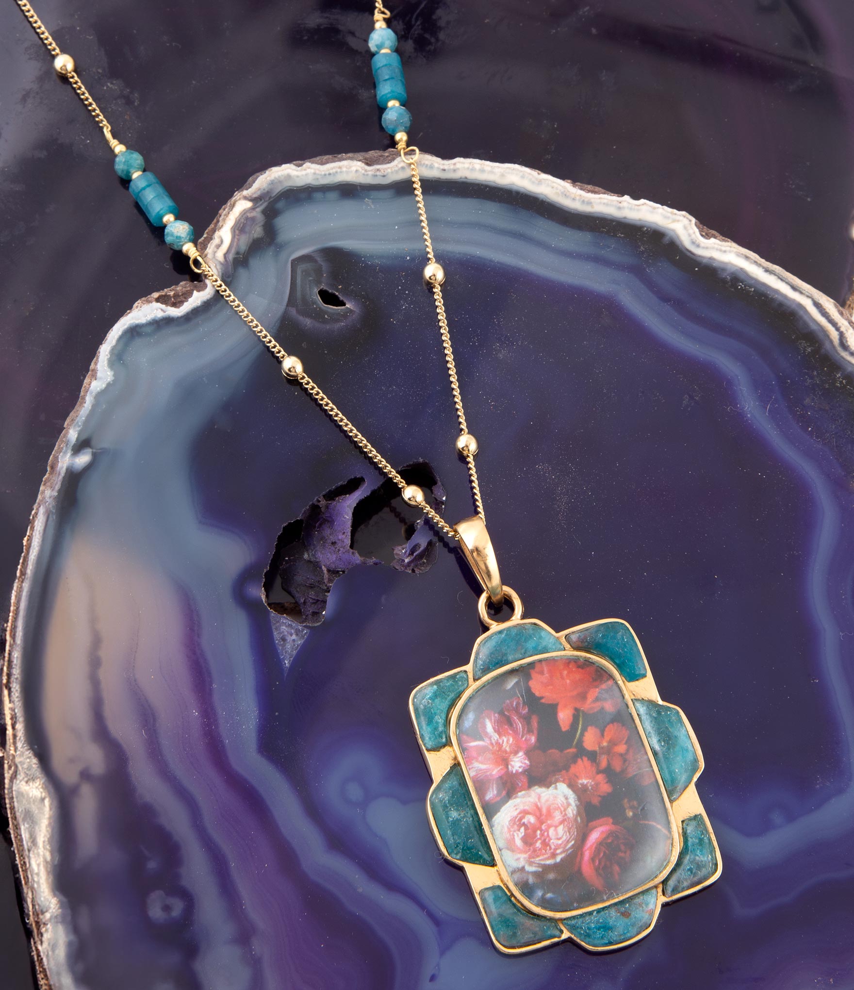 Scenic Red Florals Blue Apatite Golden Pendant Necklace detail view by Barse Jewelry