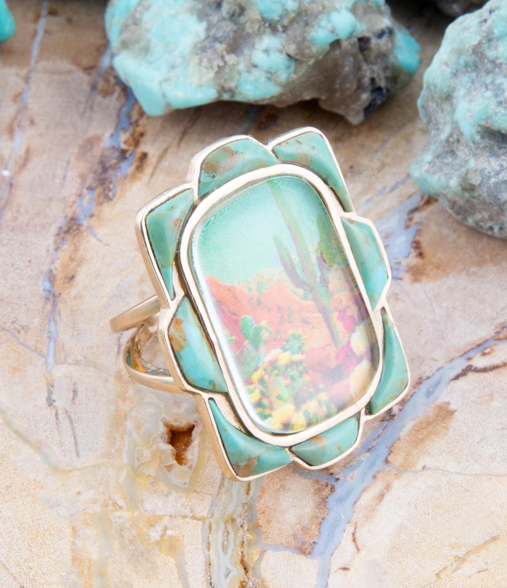 Scenic Desert Sedona Blue Turquoise Golden Ring detail view by Barse Jewelry