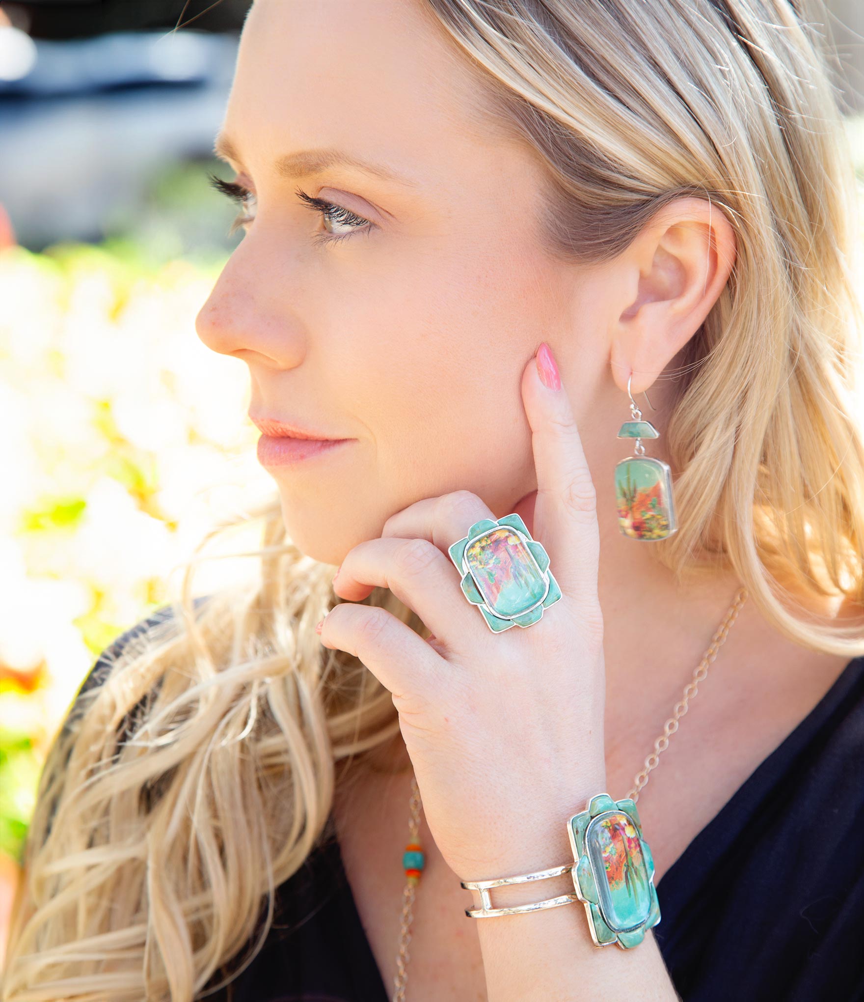 Scenic Desert Sedona Blue Turquoise Golden Ring detail view by Barse Jewelry