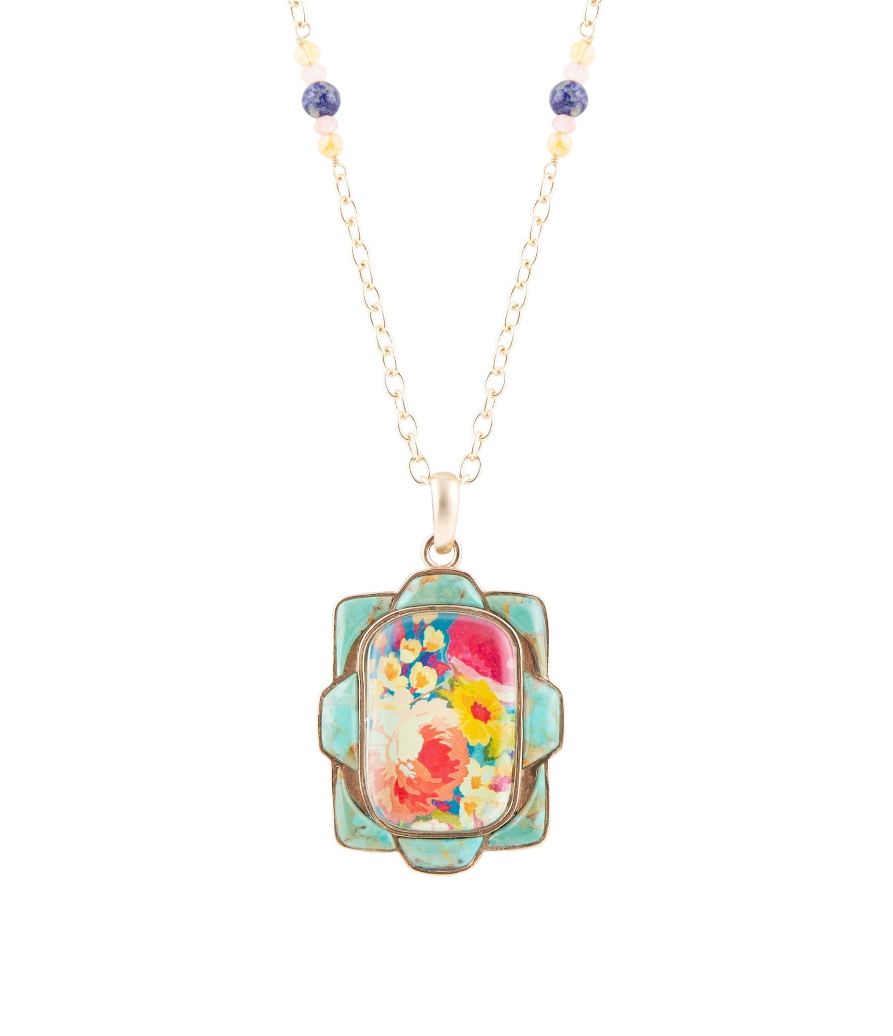 Scenic Floral and Blue Turquoise Golden Pendant Necklace by Barse Jewelry