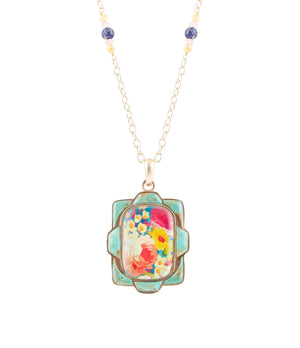 Scenic Floral and Blue Turquoise Golden Pendant Necklace by Barse Jewelry