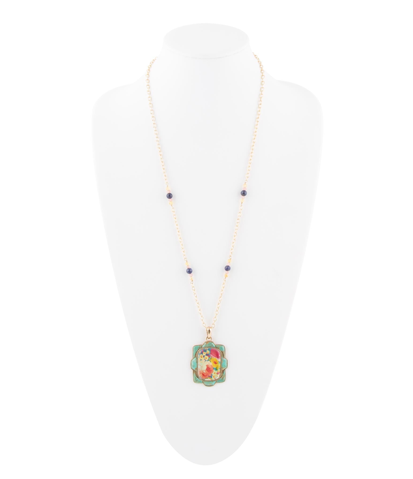 Scenic Floral and Blue Turquoise Golden Pendant Necklace detail view by Barse Jewelry