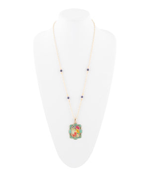 Scenic Floral and Blue Turquoise Golden Pendant Necklace detail view by Barse Jewelry